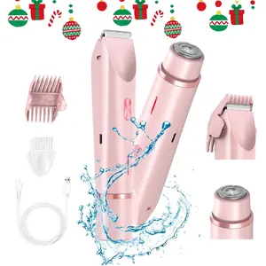 Bikini Trimmer for Women, Electric Shaver and Razor Rechargeable 2-in-1 Bodyand Facial Hair Removal Double Head forPainless Trimming of Pubic Face UnderarmLegs,IPX7 Waterproof, pink
