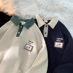 Retro Sweatshirt Men's Spring And Autumn Loose Polo Shirt Couple Wear Waffle Lapel Student Jacket Trendy and trendy