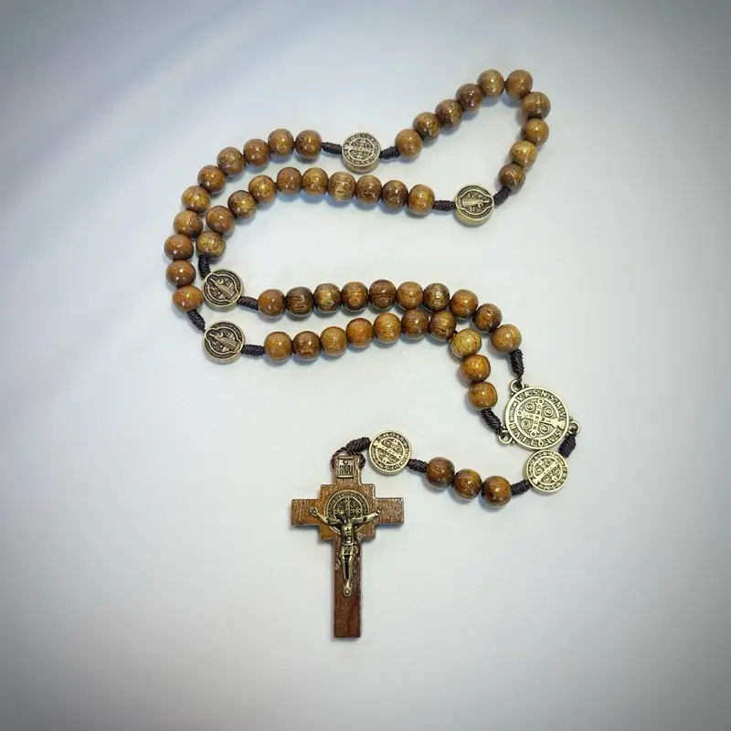 Brown St. Benedict Rosary | Wooden Bead Catholic Rosary | Antique Gold Benedict Medal Rosary | Traditional Prayer Beads