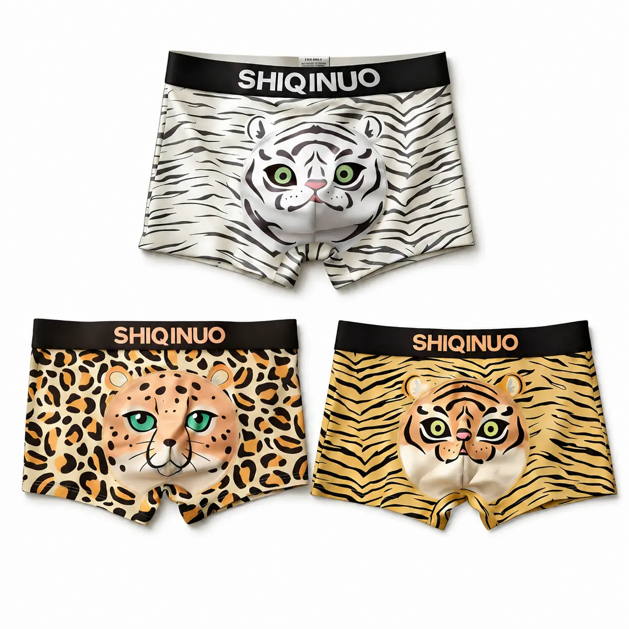 3-Pack Men's Animal Print Boxer Briefs, White Tiger, Golden Tiger & Leopard Trunks, Soft Stretch Viscose Blend, Contoured Pouch
