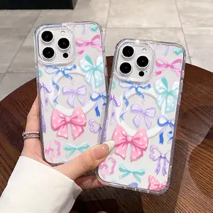 Pastel Bow MagSafe Anti fall and anti slip support MagSafe charging phone case, suitable for iPhone 17 16 15 14 13 12 11 XS X and other series models, can be given as a gift to friends or family