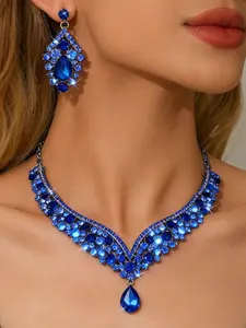 Luxurious Water Drop Rhinestone Jewelry Set, Bride Necklace and Earrings Two-Piece Set, Colorful Crystal Wedding Accessories