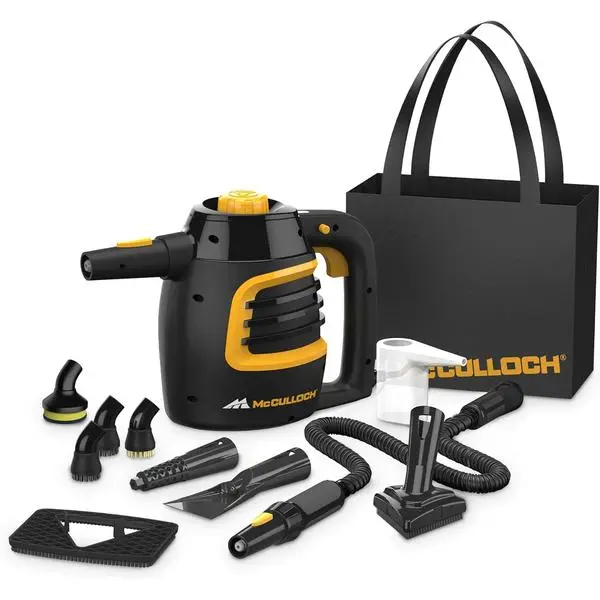 McCulloch MC1230 Handheld Steam Cleaner, 10 Minute Runtime, 11 Accessories: Jet Nozzle, Brushes, & More - Built for Home, Tile, Grout, Carpet, Furniture, & Personal Car Detailing