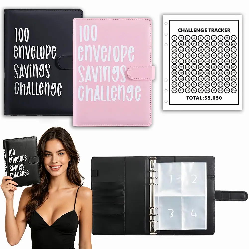 A5 100 Envelope Savings Challenge Universal All Purpose Multi Use Binder With Splash Proof Waterproof Plastic Cash Sleeves Savings Summary Stat Card Black Multi Tone Pastel Pink Matching Palette