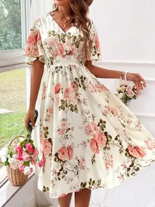 Floral Wrap Midi Dress - V-Neck, Waist-Gathered Slimming - Romantic Elegant Vacation Style