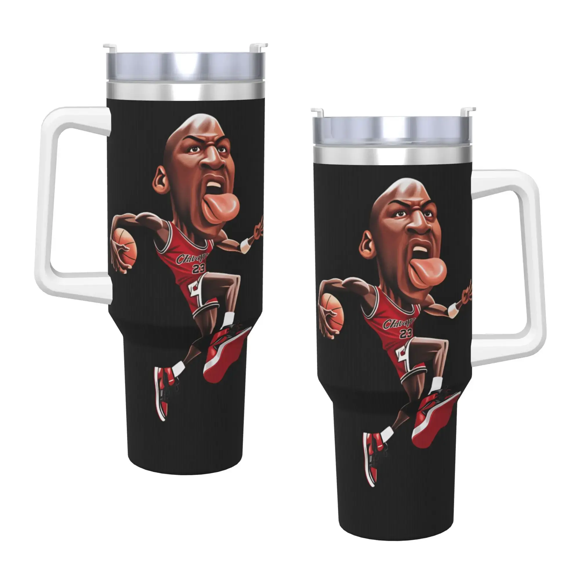 Jordan 23 Inspired Caricature Basketball Tumbler 40oz, Funny Red Black Sports Travel Mug with Handle & Straw, Retro Number 23 Fan Gift, Double Wall Insulated Stainless Steel Cup for Game Day, Gym & Everyday Use