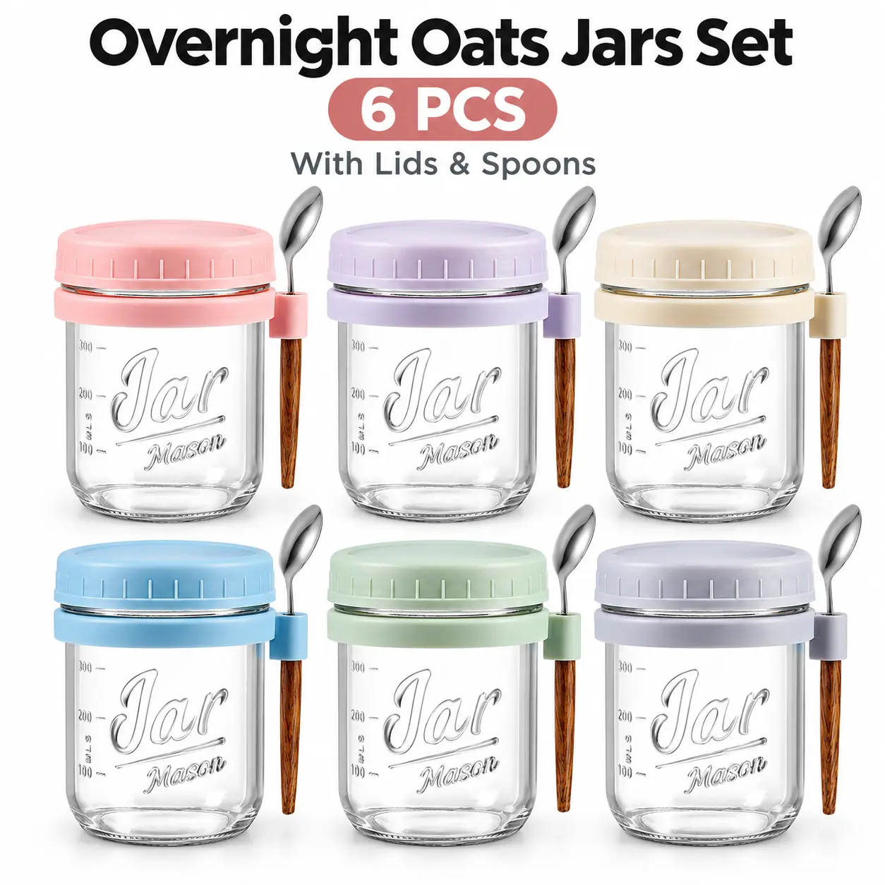 6 Pack Glass Dessert Bowls with Stainless Steel Spoons for Overnight Oats Yogurt Cups and Breakfast Containers