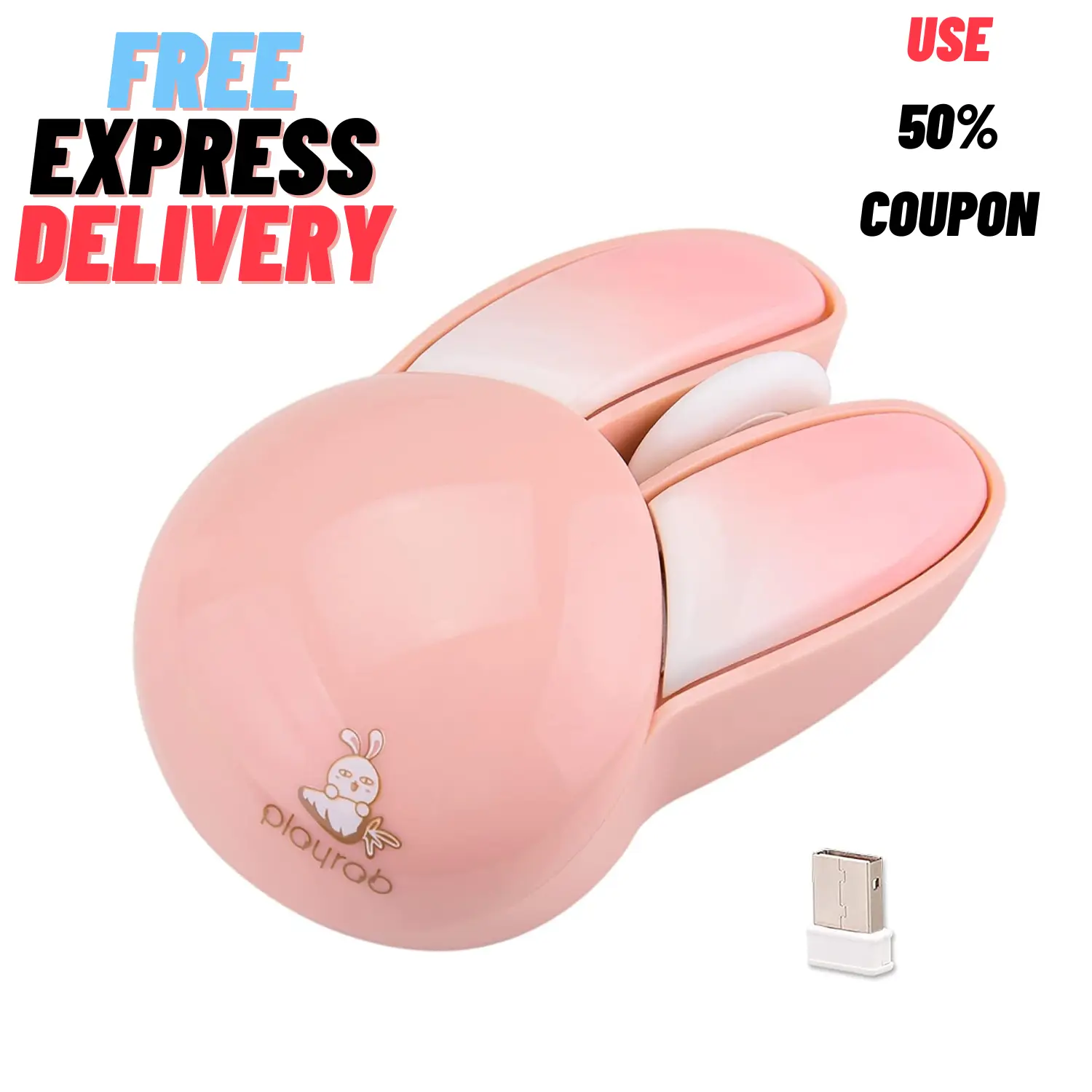 Cute Bunny Wireless Mouse, Lightweight Soundless Mouse, 2.4G Wireless Mice, Candy Colors, Rabbit Mouse for Girls and Kids (Pink Bunny)