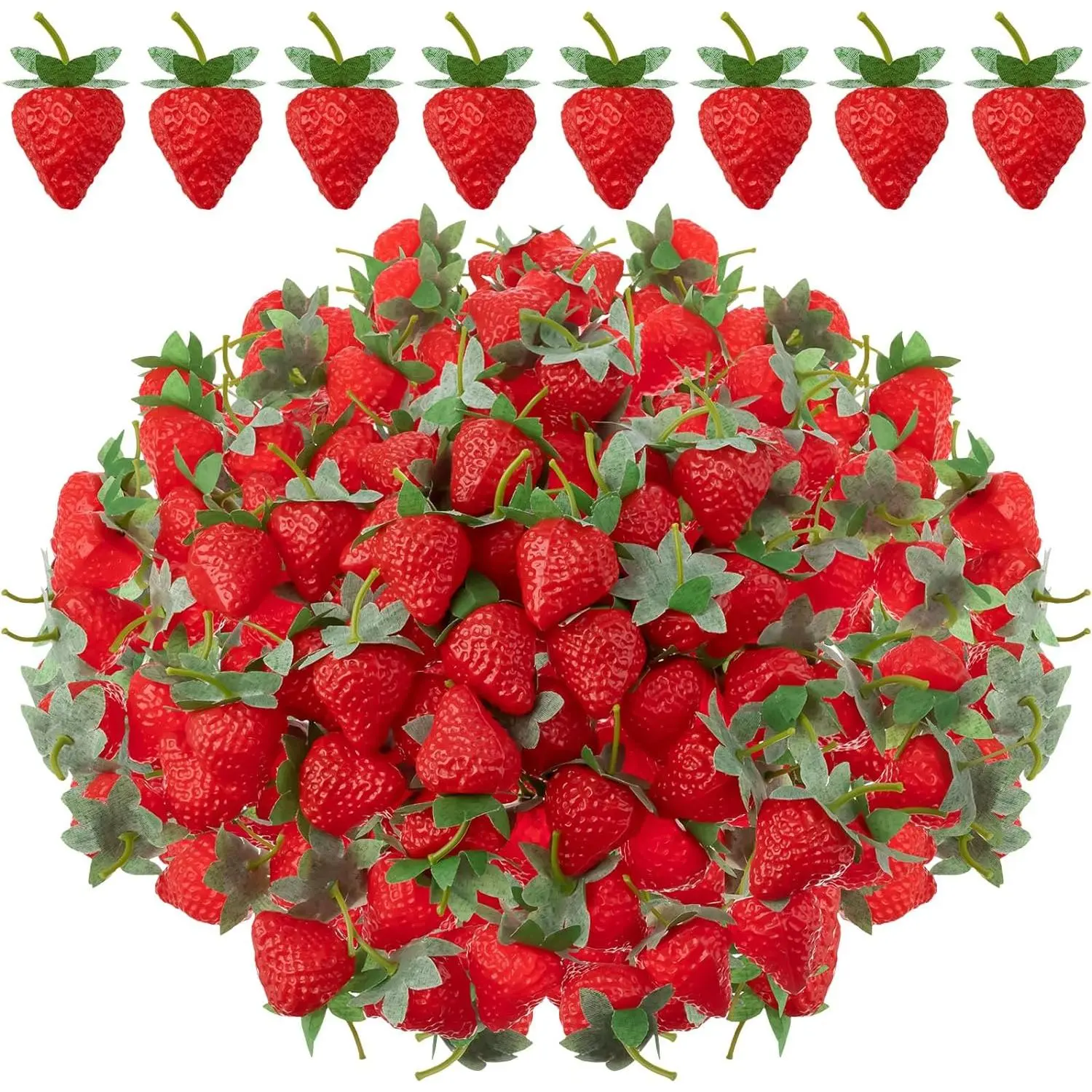 100-Piece Lifelike Natural Look Plastic Strawberry Decorative Ornaments - 2.2in (1.18x2.2 inches), 2.76in, 3.35in (3x5.6 cm) Fake Fruit for Home Kitchen, Wedding Party, Party Decor