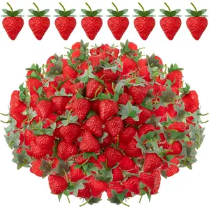 100 Pieces Artificial Strawberries 2.2inch/2.76inch/3.35inch Faux Realistic Strawberry Decor Plastic Simulation Fake Lifelike Fruit for Photography Prop Cabinet Party(Cute)