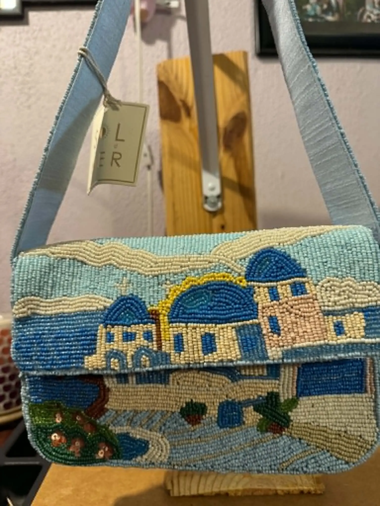 Hand-Beaded Beach Vacation Shoulder Bag with Palm Trees & Coastal Design