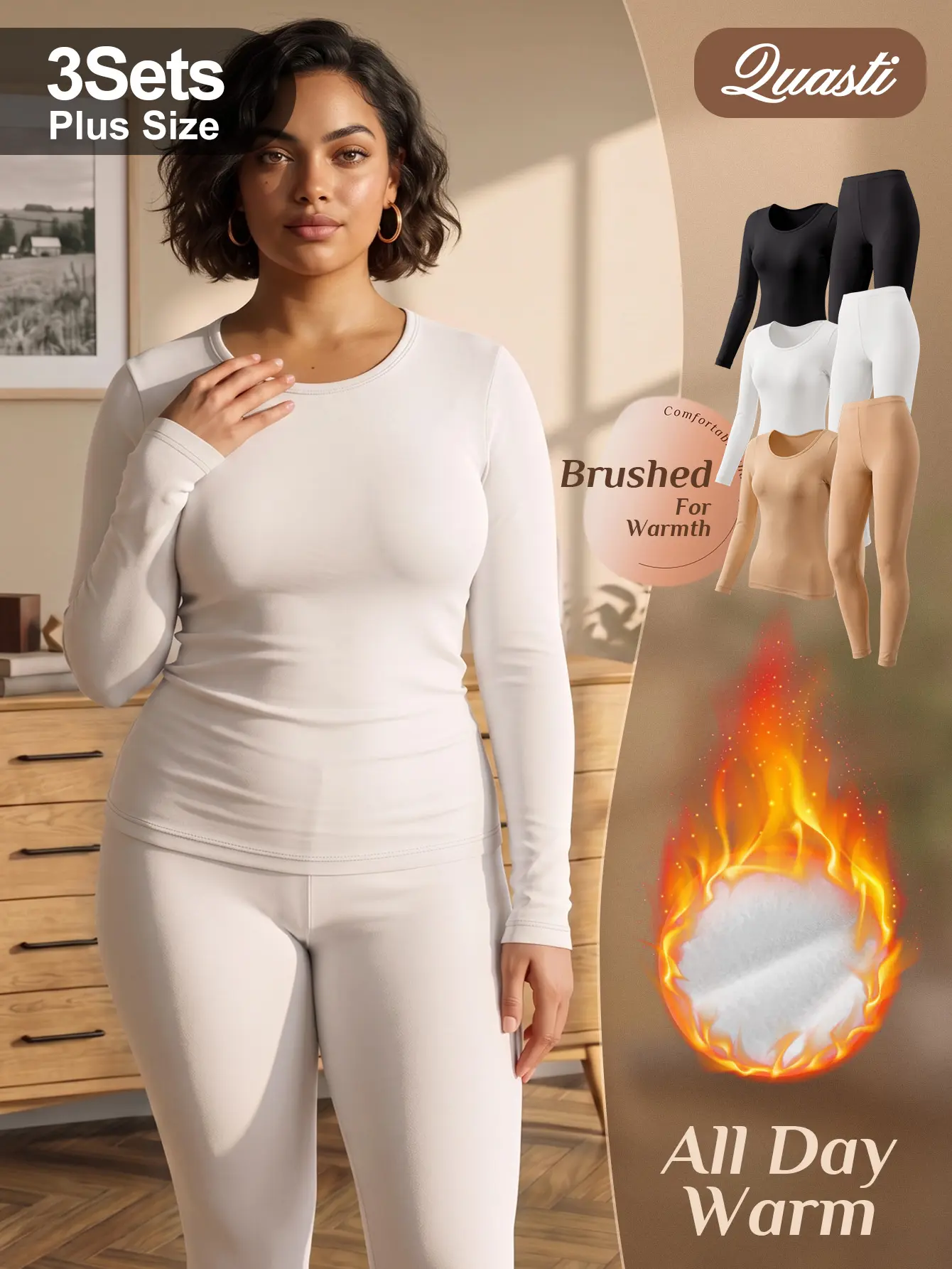 Women's 6 Pack High Stretch Thermal Base Layer Set, Skin-Friendly Crew Neck Long Sleeve Top & Long Johns, Ultra Soft Snug Fit Winter Thermal Underwear, Cold Weather Layering Loungewear, Indoor Outdoor Daily Wear, Plus Size