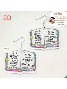 A cute acrylic open book pendant earring in 2D format, with interesting information about 'good mental state now' - a novel gift suitable for book lovers, a quirky cartoon accessory designed for teenagers and adults