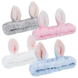 4 Pack Elastic Makeup Headbands for Women, Girls' Soft Flannel Bunny Ears Headbands Head Wraps, SPA Headband Hair Band for Washing Face