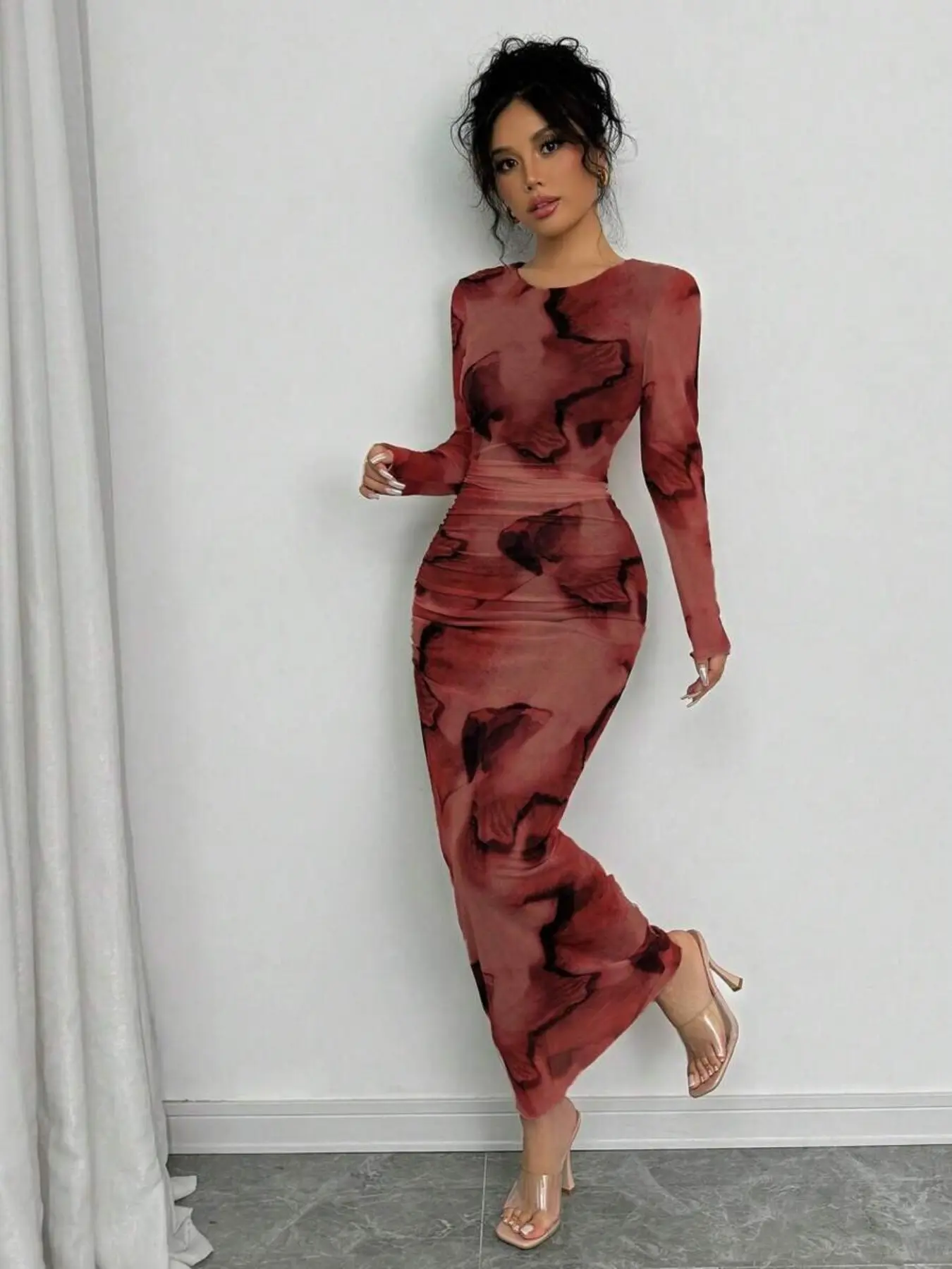 Elegant Gradient Long Sleeve Slim Fit Women's Dress, Womenswear, Spring & Fall Fashion, Stylish Long Skirt, Perfect for Casual Wear