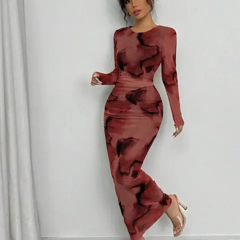 Elegant Ombre Gradient Long Sleeve Slim Fit Women's Dress, Spring & Fall Fashion, Stylish Long Skirt, Perfect for Casual Wear