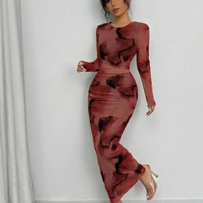 Elegant Ombre Gradient Long Sleeve Slim Fit Women's Dress, Spring & Fall Fashion, Stylish Long Skirt, Perfect for Casual Wear