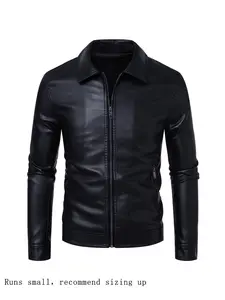 Men's Regular Fit Solid Zipper Pocket PU Leather Jacket, Casual Long Sleeve Collar Outerwear for All Seasons, Fashion Men's Clothing for Daily Wear