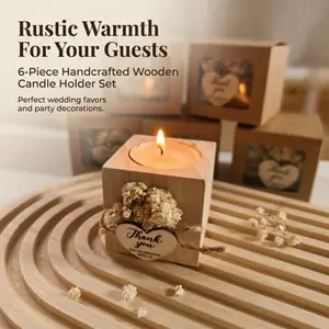 6-Piece Handcrafted Wooden Candle Holder Set, Rustic Thank You Tealight Holders with Dried Flowers, Wedding Favors & Party Decorations for Guests