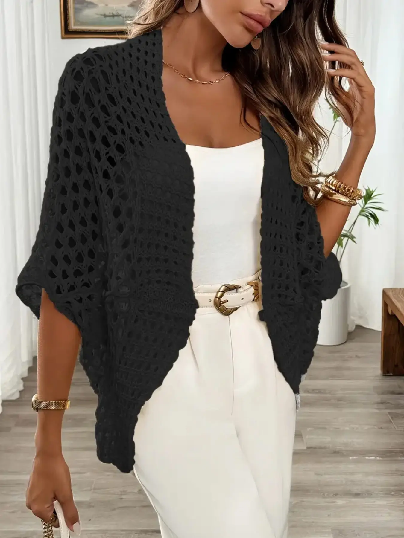 Batwing Sleeve Sweater Wrap, Multiple Colors Available, Hollow Design, Casual Women's Fit Open Front Cardigan, Knitting, Knitwear, Womenswear, Suitable for Spring Summer, Casual Fashion Knitwear