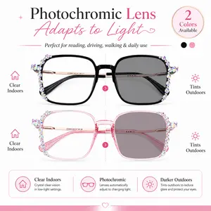Photochromic Reading Glasses, Rhinestone Square Frame Readers, Clear Indoor & Tinted Outdoor Lenses, Lightweight Daily Eyewear, 2 Colors tiktokshopspringglowup