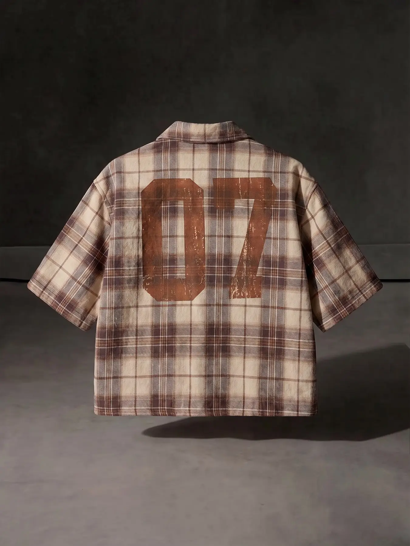 Men's Vintage Plaid Checked Checkered Cropped Shirt, "07" Distressed Print Streetwear Casual Button-Down