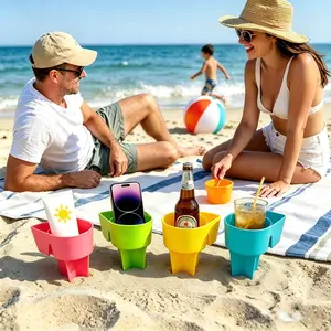 2-Pack Beach Cup Holder with Pocket – Multi-Functional Sand Drink Coaster for Cups, Phones, Sunglasses & Keys | Portable Beach Accessory Organizer for Outdoor Use