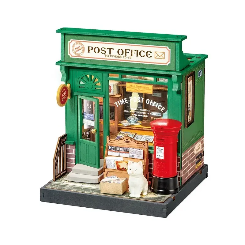 Robotime ROEDS037 Century Post Office Super Mini DIY Building Block Kit - Brick Accents, Realistic Mailbox, Little Warm Kitty Figurine, Postmaster's Desk, Window-Integrated Home Decor Statue, Collectible Construction Set