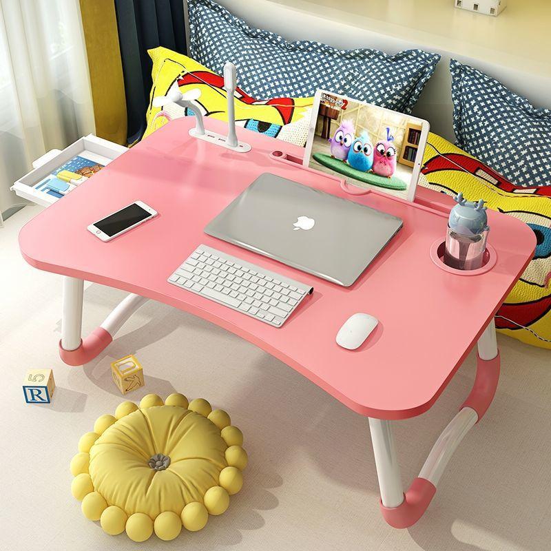 Pink Foldable Laptop Desk with 4 USB Ports, Bed Tray Table for Sofa Bed, Adjustable Breakfast Tray with Cup Holder, Sturdy W-Leg Design, Portable Computer Stand for Home Office