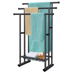 3-Tier Freestanding Towel Rack, 40" High – Alloy Steel Stand with Basket, Blanket Drying and Display Rack for Large Bath Towels, Bathroom Organizer for Next to Shower or Tub