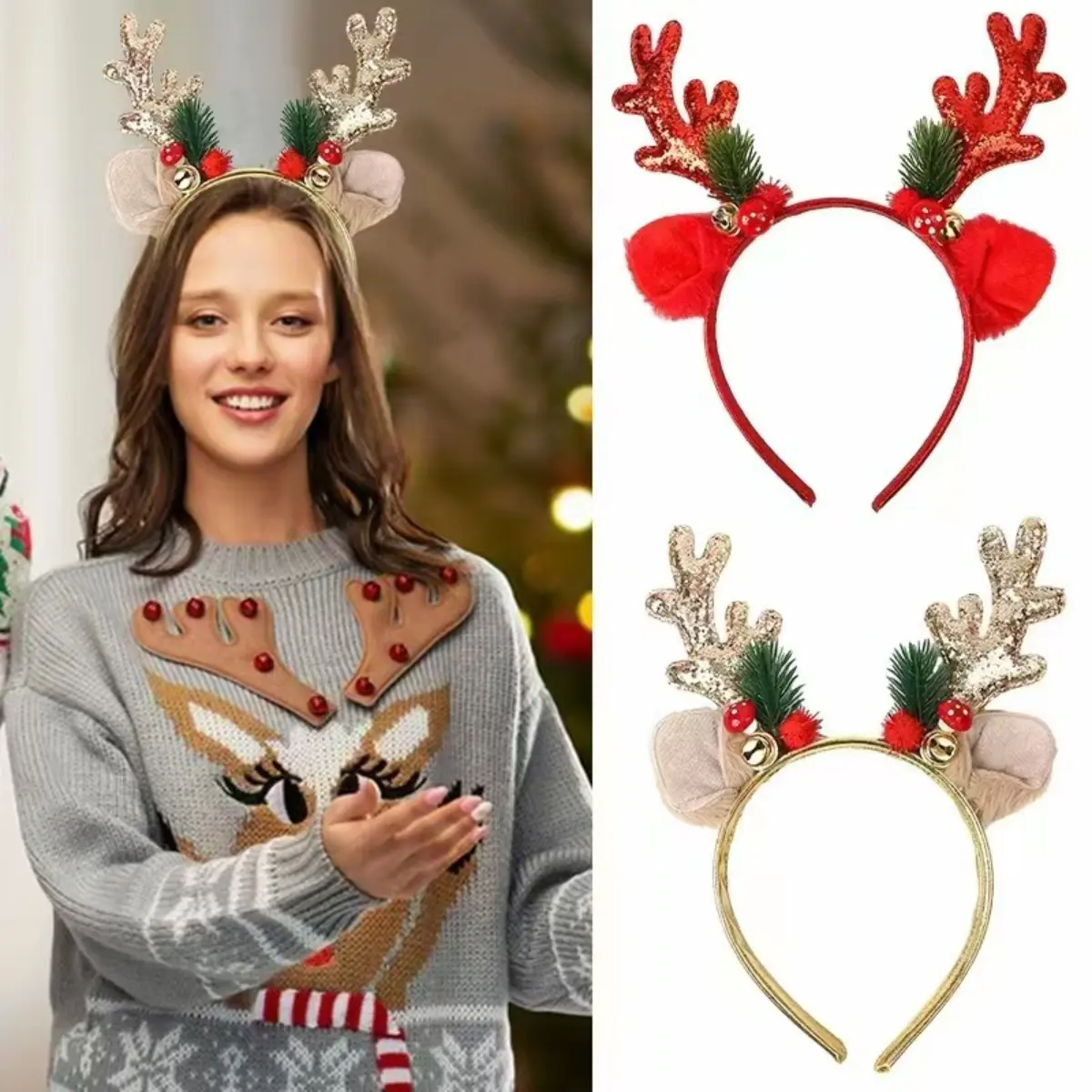 AWAYTR Unisex Christmas Bell Antlers Fabric Band Headbands, Adjustable Elastic Hair Accessories for Christmas Parties, Festive Look Decor, Lightweight Wear, Birthday