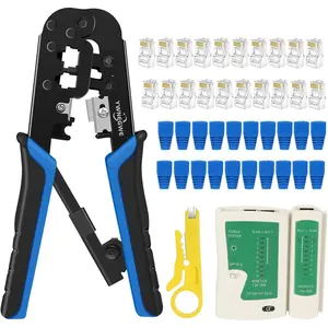 Crimping Tool Kit Ethernet Crimp Set, RJ-11, 6P/RJ-12, 8P/RJ-45 Crimp, Cut and Strip with 20PCS CAT5 CAT5e Connectors, Covers,1 Network Cable Tester 1 Wire Stripper