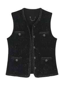 Fashionable Women's Top Autumn Winter New Woolen Vest Black Round Neck Sleeveless Buttoned Waistcoat Jacket Fitted Minimalist Basic Crewneck - Womenswear