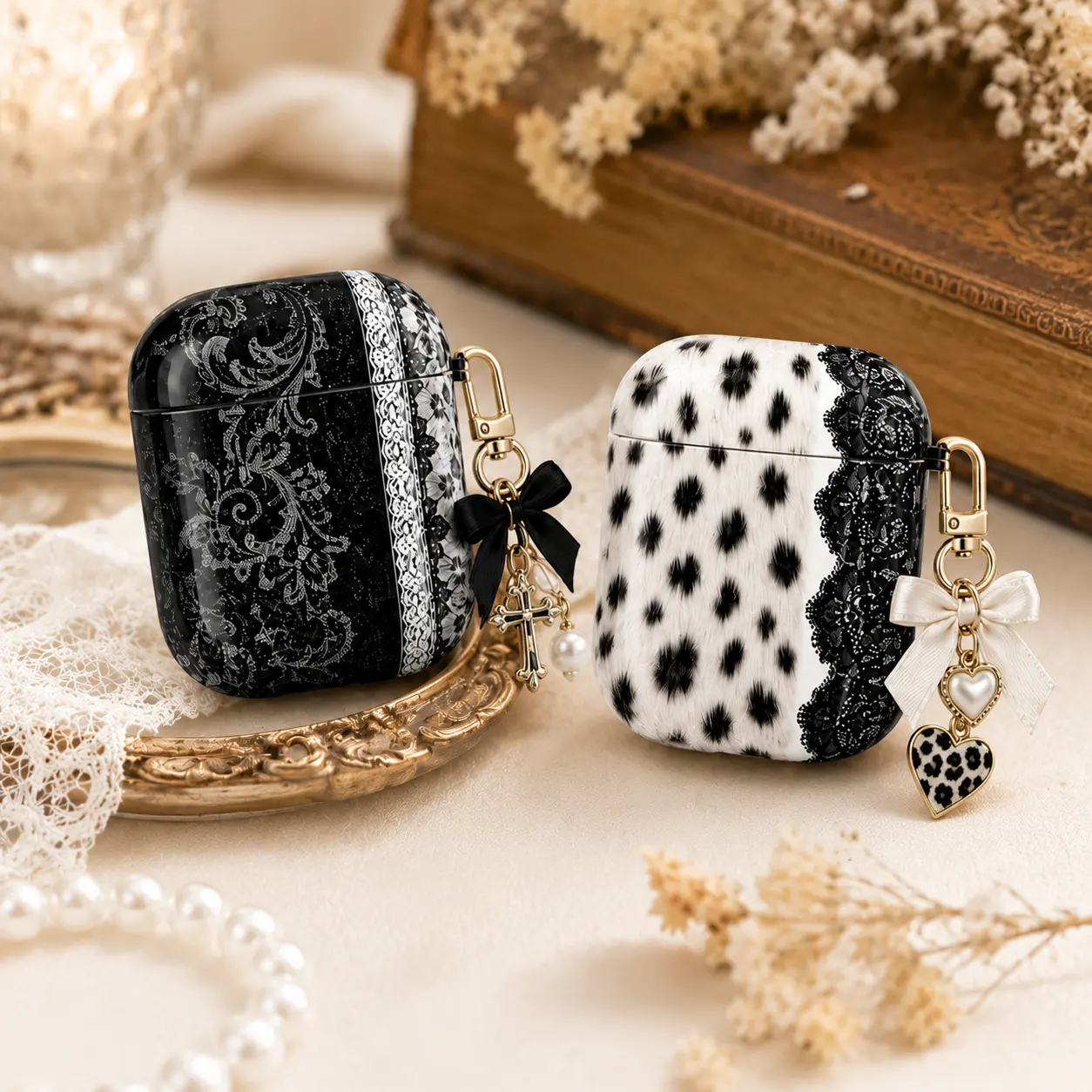 NO KEYCHAIN – Gothic Coquette AirPods Case, Black Lace Leopard AirPods Pro Cover, Dark Feminine Aesthetic Earbuds Case, Vintage Victorian Goth Gift