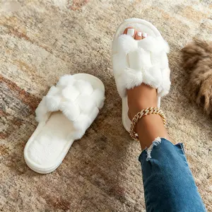 Women's Open Toe Slides Casual Slippers, Plush Fuzzy Fleece, Anti-Slip Sole, Cozy House Shoes for Indoor/Outdoor, Warm Comfortable Slide Footwear Pedal Flipflop White
