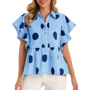 Imily Bela Womens Polka Dot Babydoll Tops Peplum Ruffle Cap Sleeve Blouses Summer Casual Half Button Up Shirts