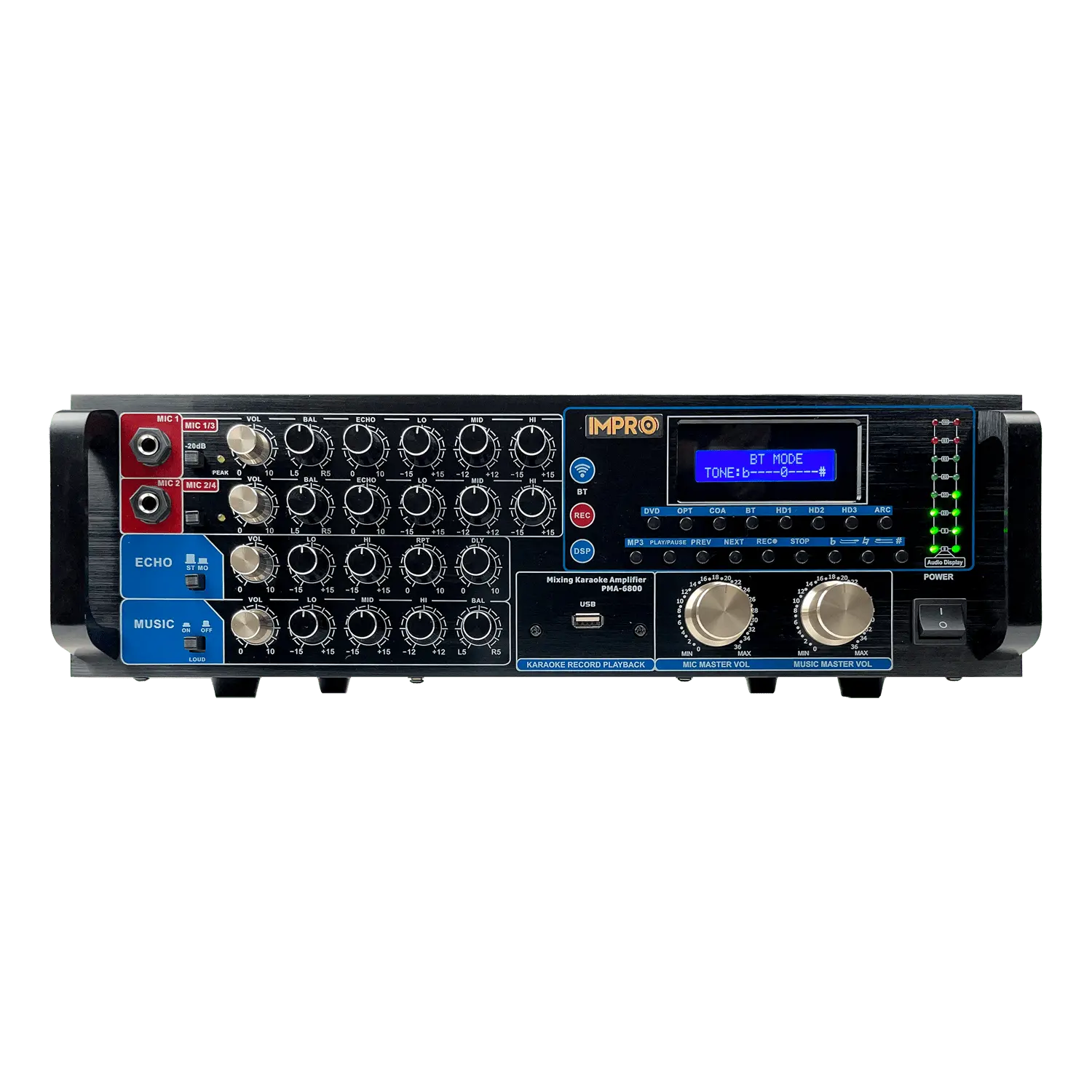 ImPro PMA-6800 800W Karaoke Mixing Amplifier – HDMI/Optical/Bluetooth, 4 Mic Inputs, Digital Echo + 3-Band EQ