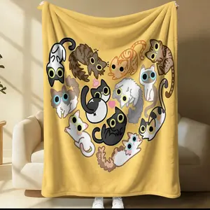 Illustrated Happy Cat Series Printed Blanket, Super Soft Comfortable Warm Home Decor, Ideal Nap Blanket, Perfect Gift for Family and Friends