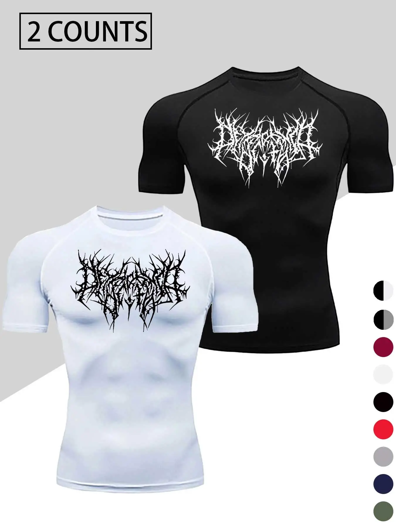 2PCS Men's Compression T-Shirt Set, Breathable Gym Wear Sweat-Wicking Tight Fit Sports Shirt, Gothic Print, High Stretch Casual Gym Running Top, Gym Fitness Sportswear