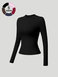 Women's Soft Skin-Friendly Tight-Fitting Sports Shirt, Casual Long Sleeve Round Neck Top for Yoga Gym Running, Spring & Fall Sportswear, Gym Tops