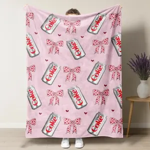 Diet Coke blanket Original Flavor Pink Bows with Red Hearts Flat Velvet Blanket Soft Office cozy lightweight soft fluffy decorative giftable fluffy Gift