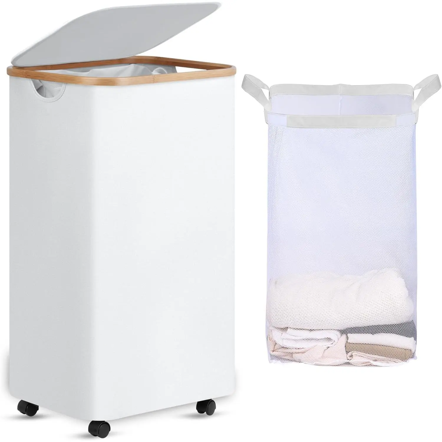 Laundry Basket with Wheels, Tall Rolling Laundry Hamper with Lid and Removable Bag, Aesthetic Dirty Clothes Hamper  Wheels for Laundry Room, Bedroom, Dorm and Bathroom, 100L White