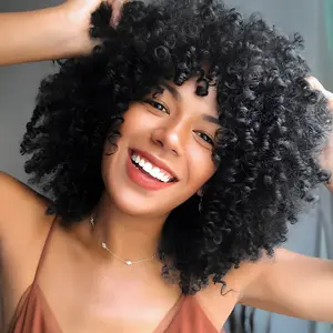 ROSMILE Curly Wig for Black Women with Bangs, Full Kinky Curly Afro Hair Wig Easy to Wear, Shoulder-length Synthetic Hair Wigs for Daily or Party Use