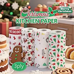 Christmas Kitchen Paper Towels, Kitchen Wipes, Thick Three-Layer Roll, Disposable Dry Wet Use, Home Cleaning Supplies, Random Style Choice