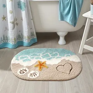 P-BS011  Beach Bathroom Rugs Coastal Seashell Bath Mat Funny Extra Soft Tufted Quick Dry Bath Mats for Bathroom Ocean Wave Starfish Decor Carpet Shower Non Slip Bath Rug(16" x 24") Bathtub Decorative