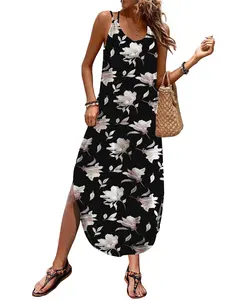 Zeagoo Live Women's Casual Sundress Summer Maxi Sleeveless V Neck Split Boho Beach Dress Travel Vacation Dress with Pockets