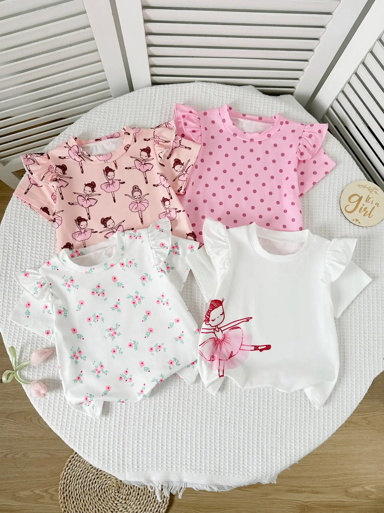 Four-Piece Baby Girl Short Sleeve T-Shirt Set, Ballet Style Dot Floral Pattern, Perfect for Summer Daily Wear, Cute for Girls, Baby Girl Clothes, Cute Tops, Toddler Tee, Flower Top, Toddler Summer Outfits