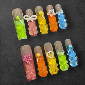 Smoreland｜ Gummy Bear Press On Nails / 10 PCS Handmade Press on Nails/ Sweet Candy Coffin/Matte & Glossy Finish/3d Gel Acrylic nails/Reusable Fake Nails