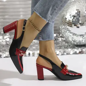 Women's Pointed Toe High Heeled Single Shoes, Metal Chain Decoration Chunky Heeled High Heeled Sandals, Back Trip Strap Adjustable Metal Buckle Design, Suitable for Outdoor Business Office Girl Footwear Red Stylish
