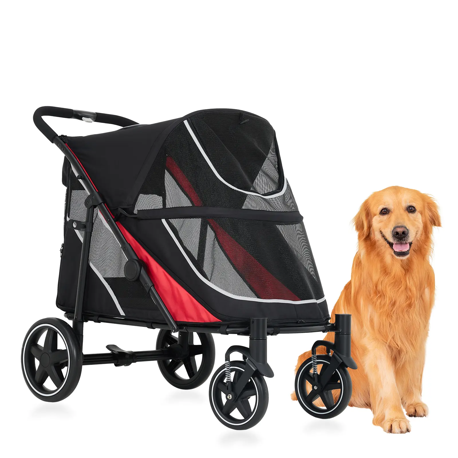 Foldable All-Terrain Pet Stroller with Weather Cover, Removable Mattress, Storage Basket, Dual Entry Design Lightweight Dog Cat Cart with 360° Mesh Ventilation